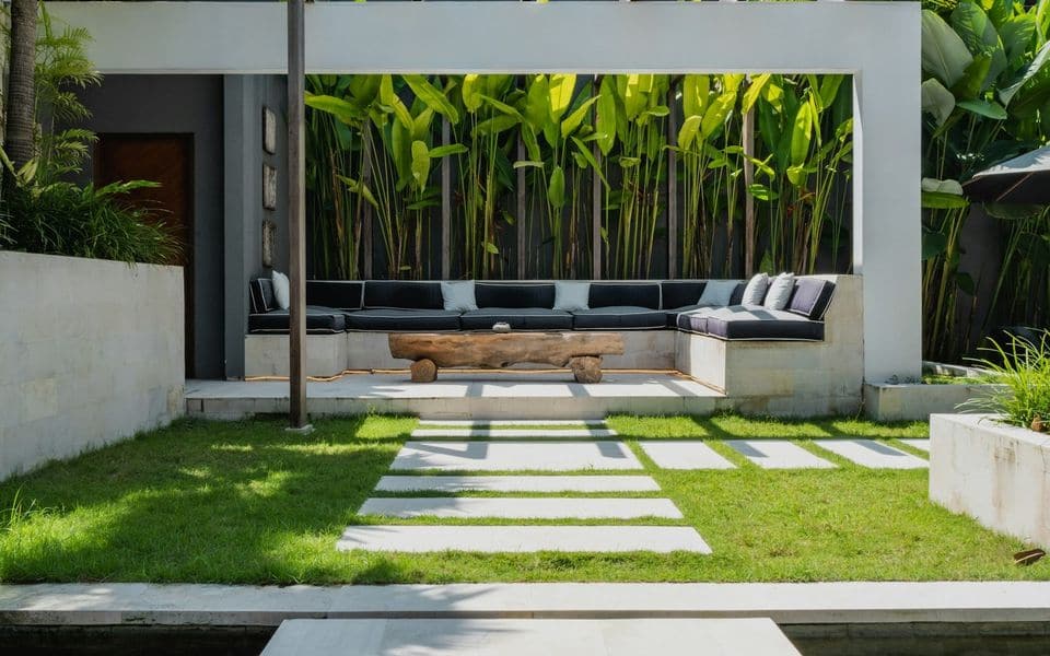 Garden with stepping-stone path, lawn and a seating area
